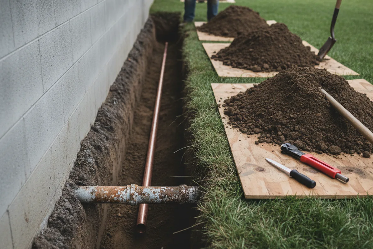 Excavated water line trench during Water Softener Installation in Norfolk